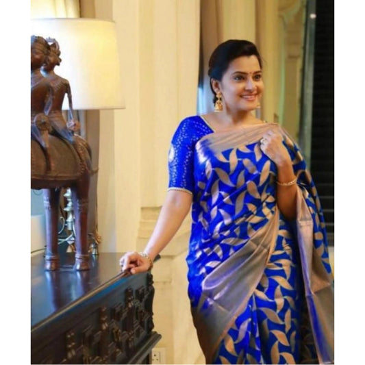 Amfyn Women's Litchi silk Printed Saree With Unstitched Blouse (Blue)