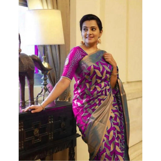 Amfyn Women's Litchi silk Printed Saree With Unstitched Blouse (Pink)