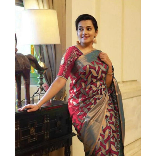 Amfyn Women's Litchi silk Printed Saree With Unstitched Blouse (Red)