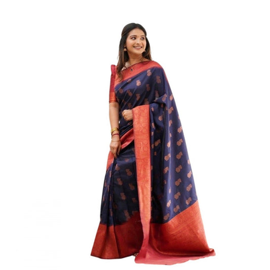 Amfyn Women's Litchi silk Printed Saree With Unstitched Blouse (Blue)