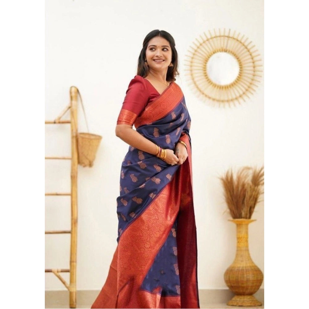 Amfyn Women's Litchi silk Printed Saree With Unstitched Blouse (Blue)