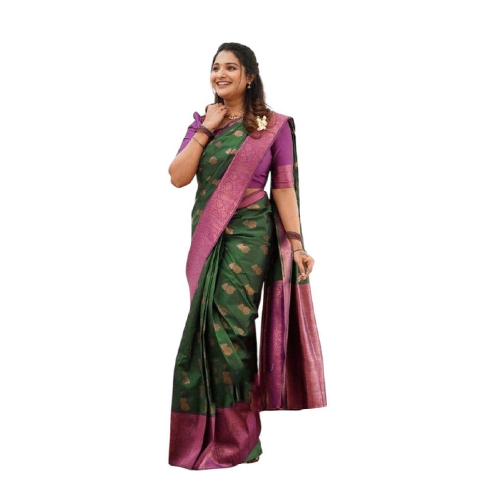Amfyn Women's Litchi silk Printed Saree With Unstitched Blouse (Green)