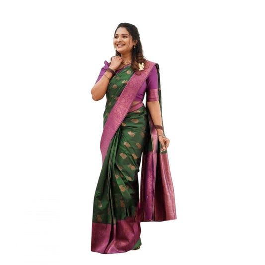 Amfyn Women's Litchi silk Printed Saree With Unstitched Blouse (Green)