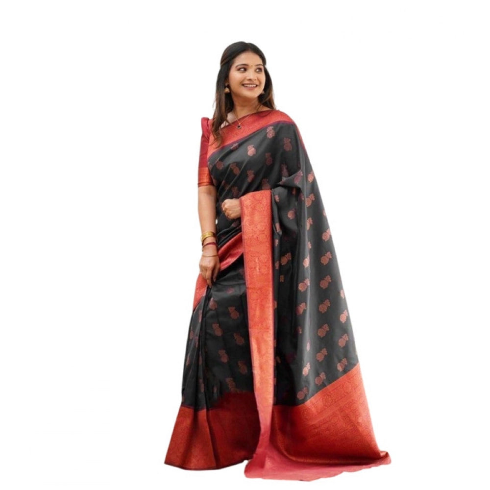 Amfyn Women's Litchi silk Printed Saree With Unstitched Blouse (Grey)