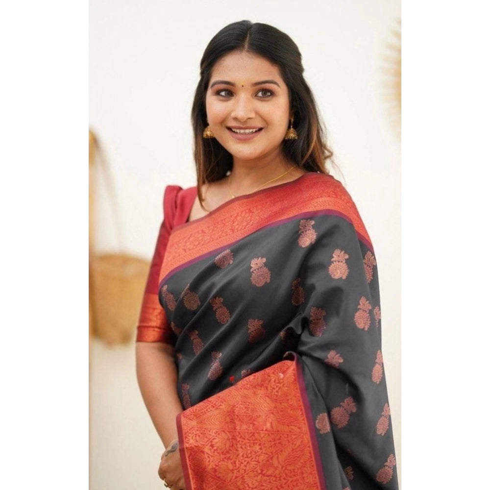 Amfyn Women's Litchi silk Printed Saree With Unstitched Blouse (Grey)