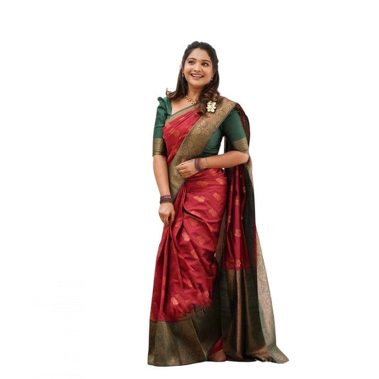 Amfyn Women's Litchi silk Printed Saree With Unstitched Blouse (Red)