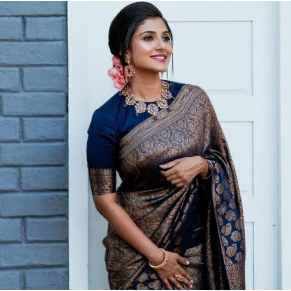 Amfyn Women's Litchi silk Printed Saree With Unstitched Blouse (Blue)