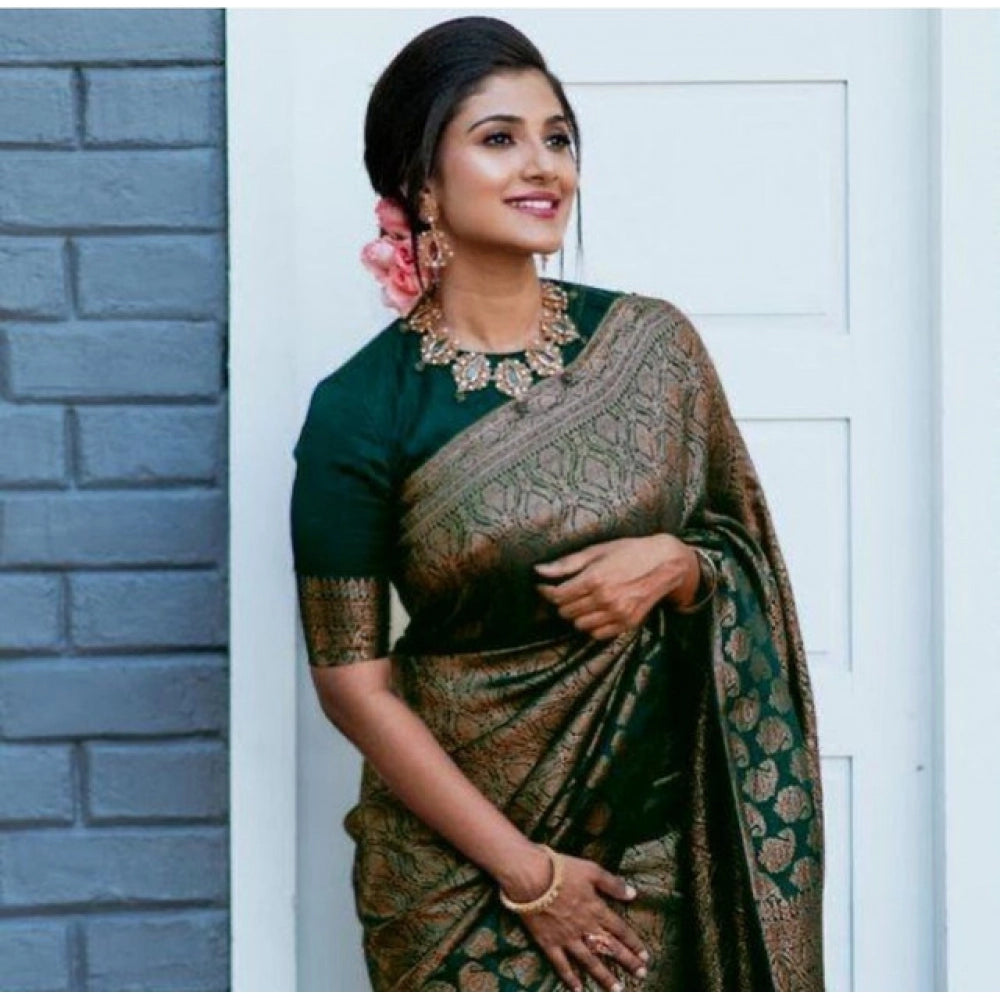 Amfyn Women's Litchi silk Printed Saree With Unstitched Blouse (Green)