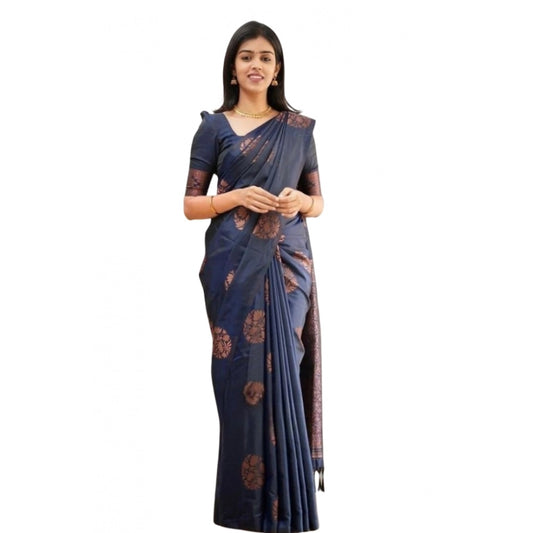 Amfyn Women's Soft Litchi Silk Jacquard Work Saree With Unstitched Blouse 5.5Mtr (Blue)