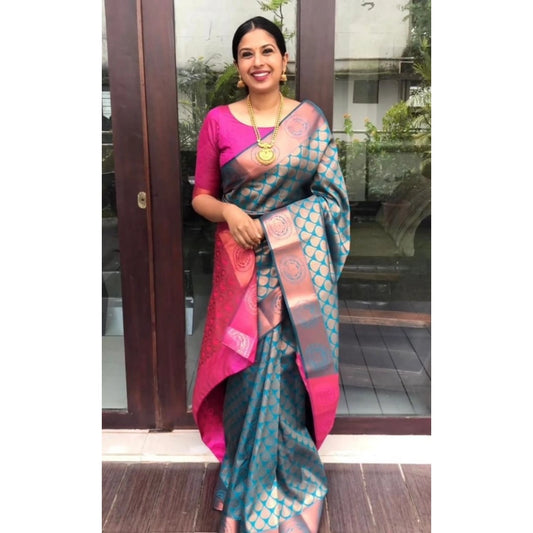 Amfyn Women's Litchi silk Printed Saree With Unstitched Blouse (Blue)