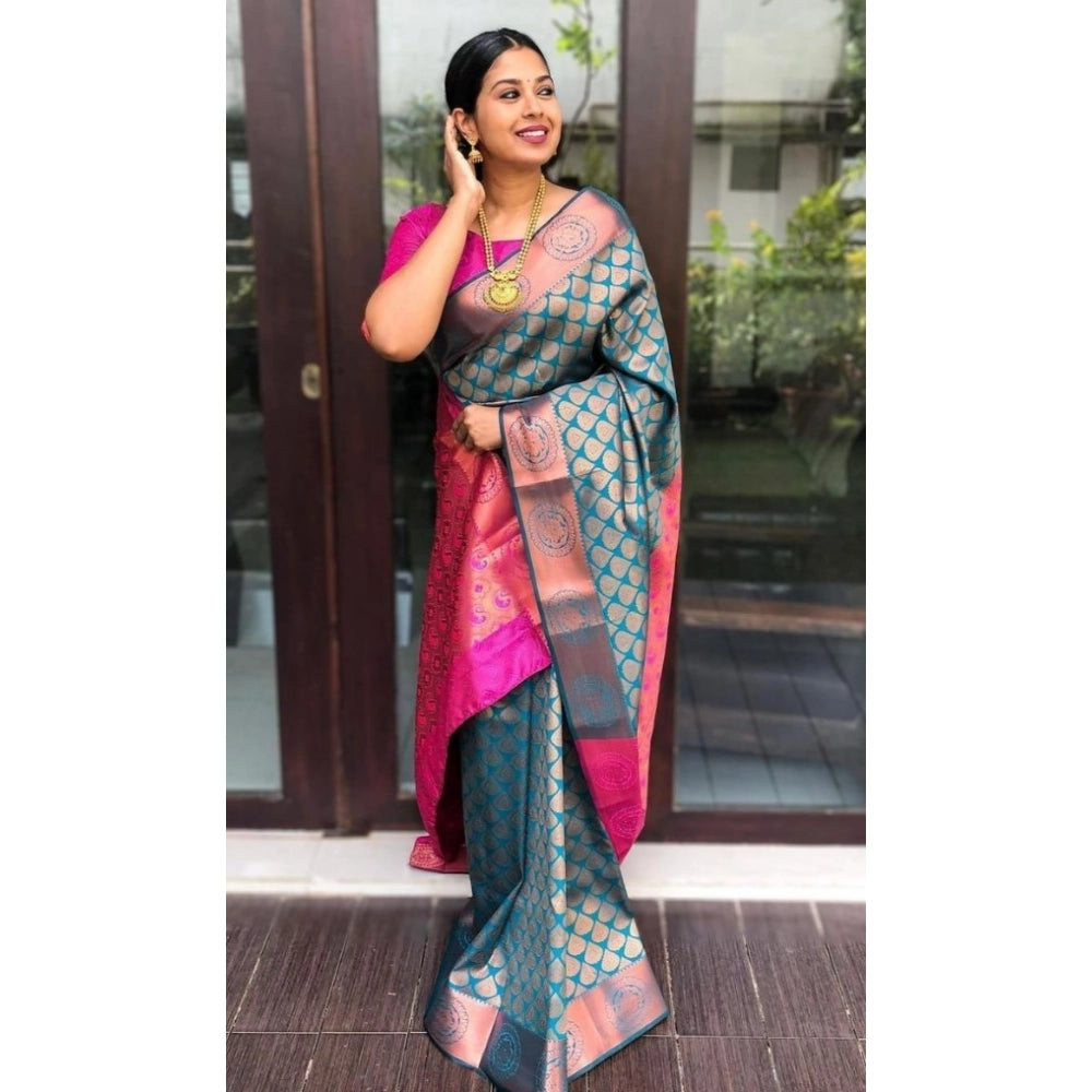 Amfyn Women's Litchi silk Printed Saree With Unstitched Blouse (Blue)