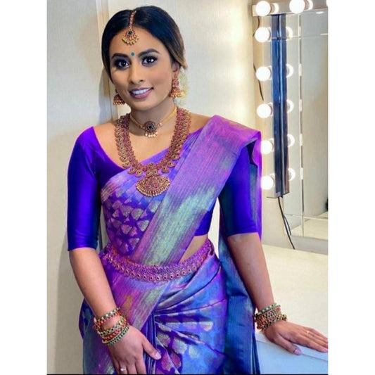 Amfyn Women's Litchi silk Printed Saree With Unstitched Blouse (Blue)