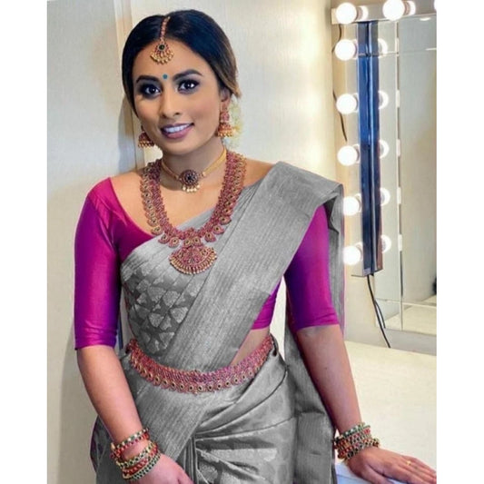 Amfyn Women's Litchi silk Printed Saree With Unstitched Blouse (Grey)