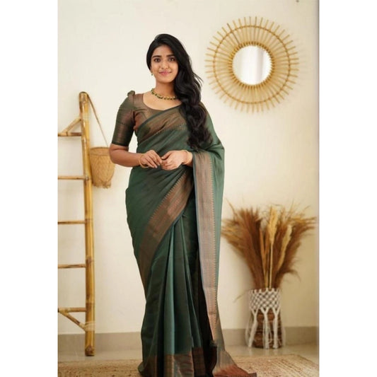Amfyn Women's Litchi silk Printed Saree With Unstitched Blouse (Green)