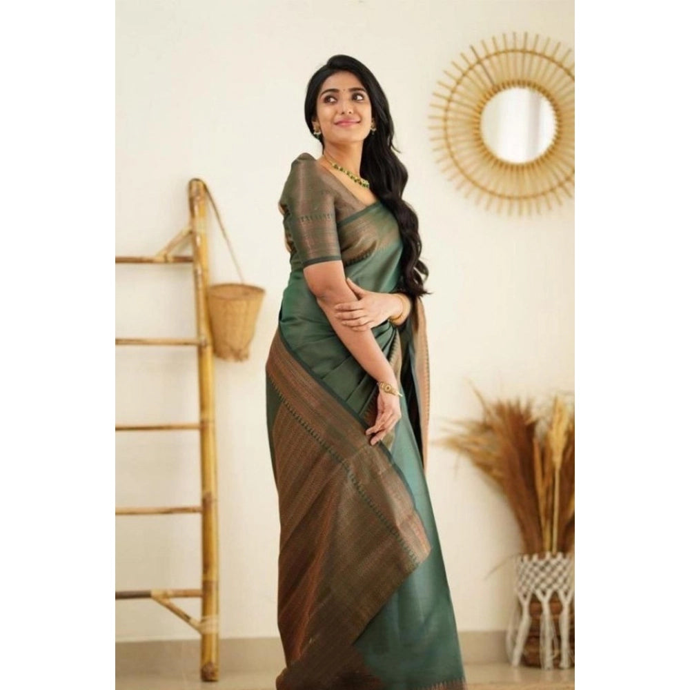 Amfyn Women's Litchi silk Printed Saree With Unstitched Blouse (Green)
