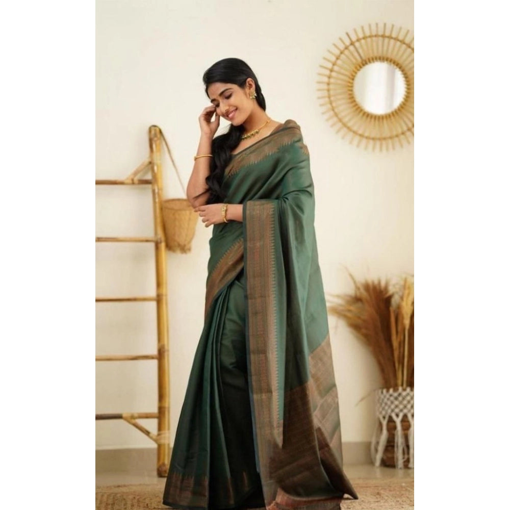 Amfyn Women's Litchi silk Printed Saree With Unstitched Blouse (Green)
