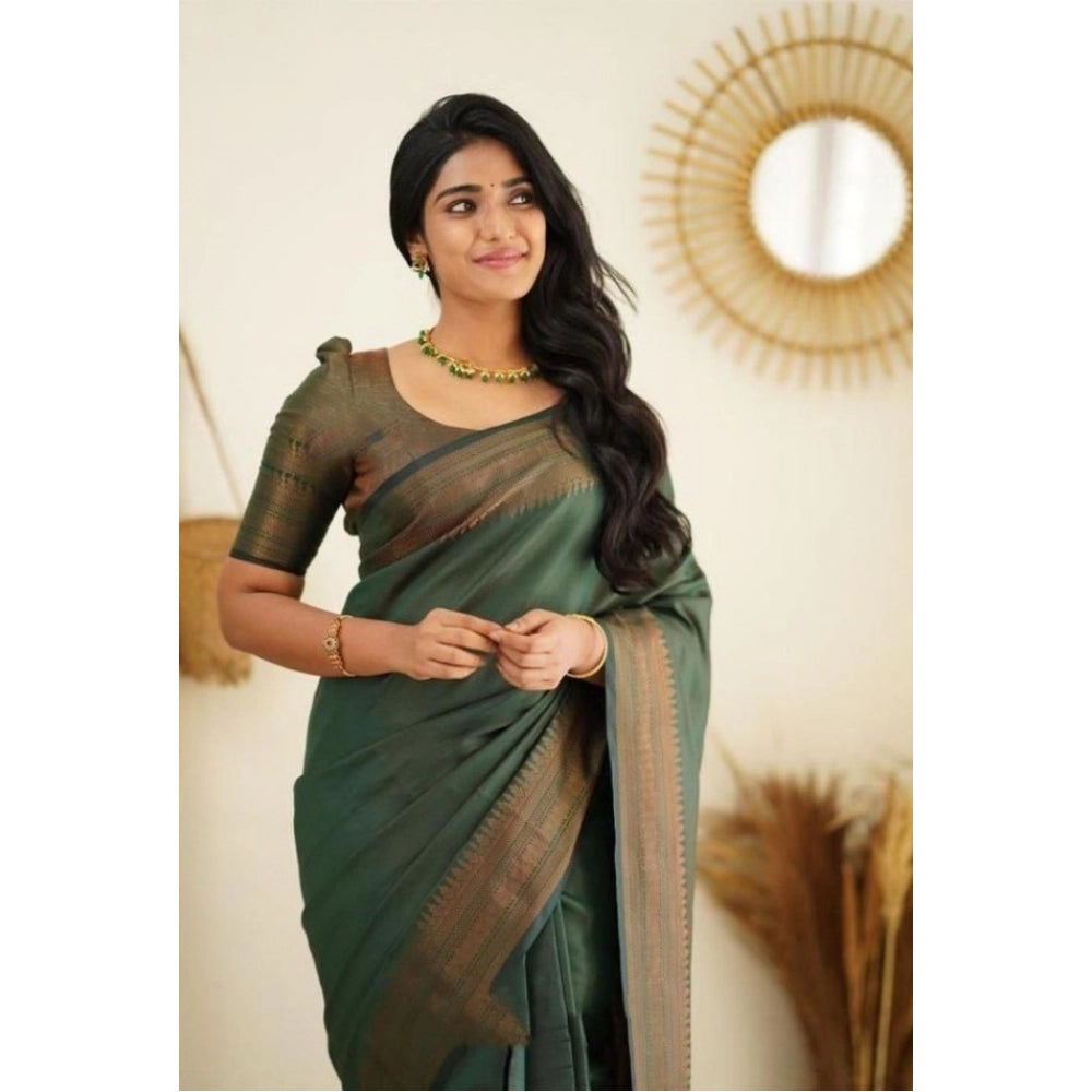 Amfyn Women's Litchi silk Printed Saree With Unstitched Blouse (Green)