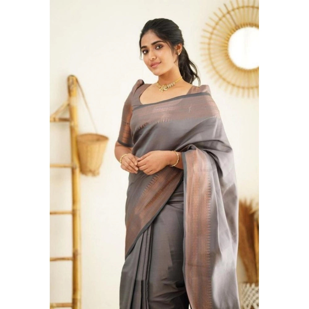 Amfyn Women's Litchi silk Printed Saree With Unstitched Blouse (Grey)
