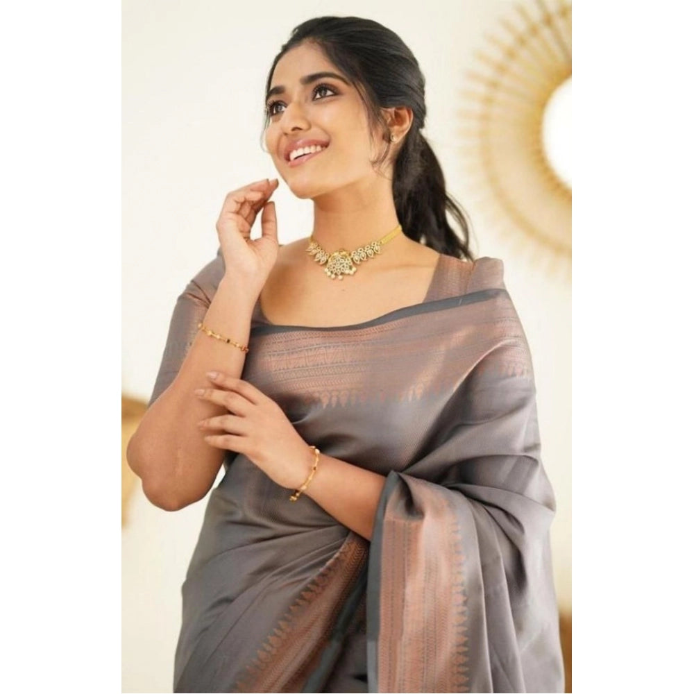 Amfyn Women's Litchi silk Printed Saree With Unstitched Blouse (Grey)