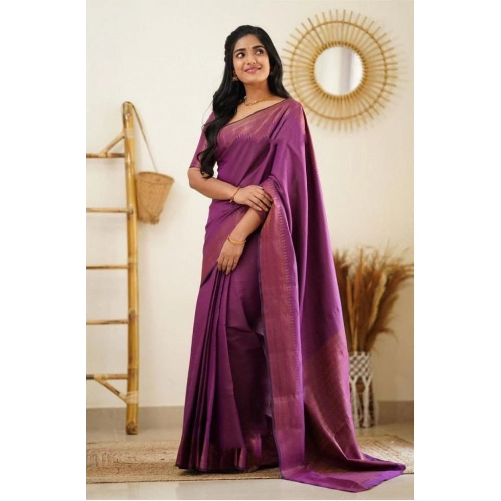 Amfyn Women's Litchi silk Printed Saree With Unstitched Blouse (Purple)