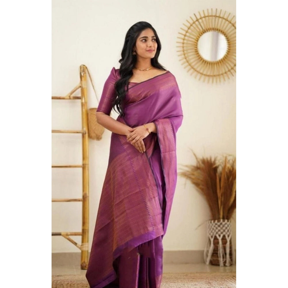 Amfyn Women's Litchi silk Printed Saree With Unstitched Blouse (Purple)