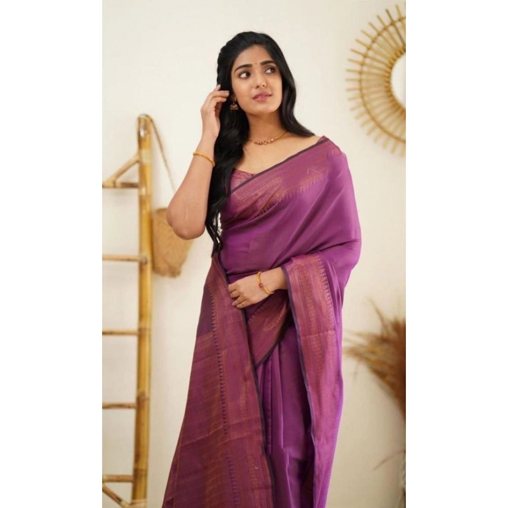 Amfyn Women's Litchi silk Printed Saree With Unstitched Blouse (Purple)