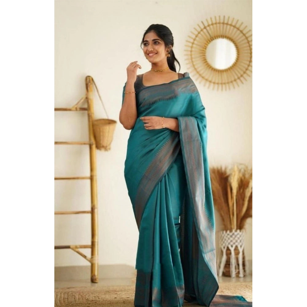 Amfyn Women's Litchi silk Printed Saree With Unstitched Blouse (Rama Blue)