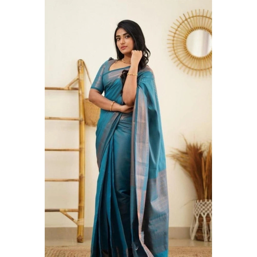 Amfyn Women's Litchi silk Printed Saree With Unstitched Blouse (Rama Blue)
