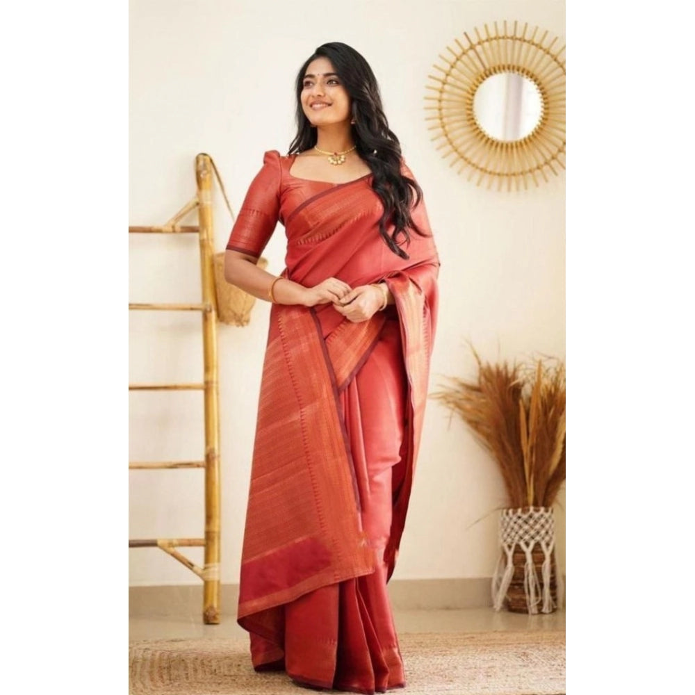 Amfyn Women's Litchi silk Printed Saree With Unstitched Blouse (Red)