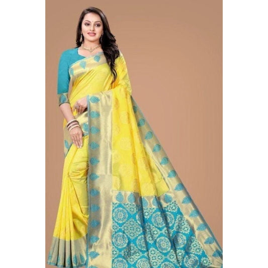 Amfyn Women's Litchi silk Printed Saree With Unstitched Blouse (Yellow)