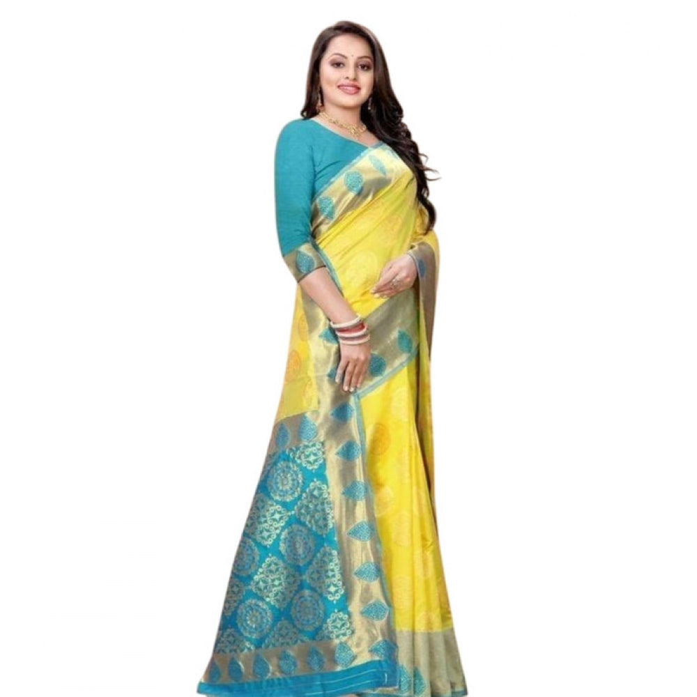 Amfyn Women's Litchi silk Printed Saree With Unstitched Blouse (Yellow)