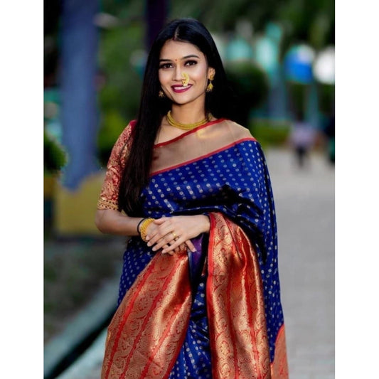 Amfyn Women's Litchi silk Printed Saree With Unstitched Blouse (Blue)