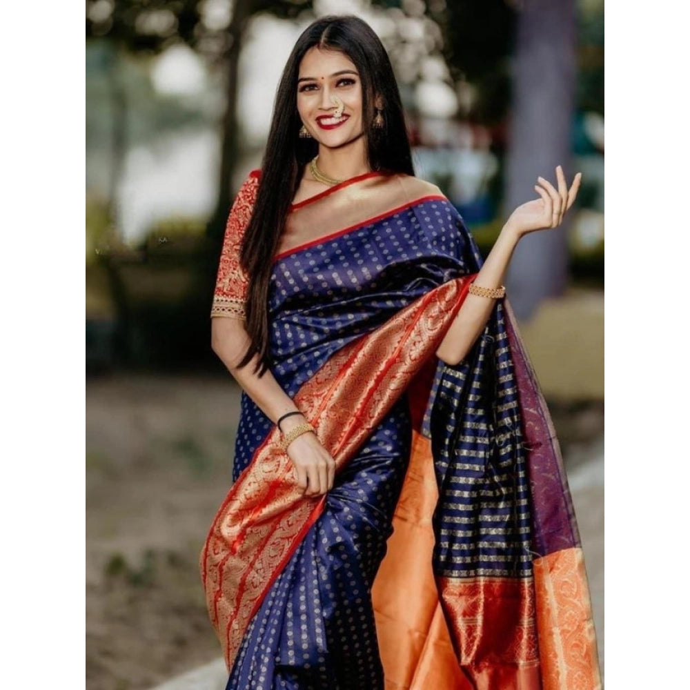 Amfyn Women's Litchi silk Printed Saree With Unstitched Blouse (Blue)