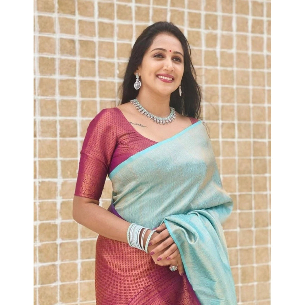 Amfyn Women's Litchi silk Printed Saree With Unstitched Blouse (Blue)