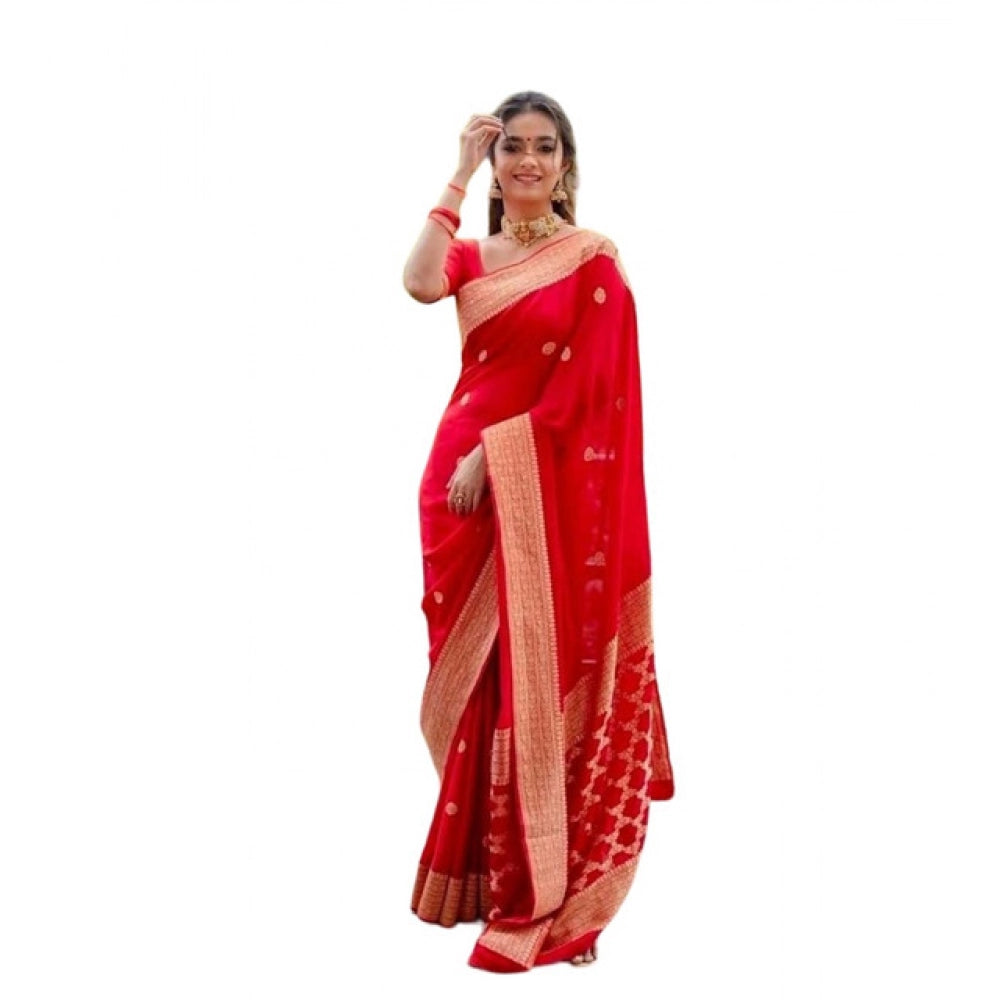 Amfyn Women's Litchi silk Printed Saree With Unstitched Blouse (Red)