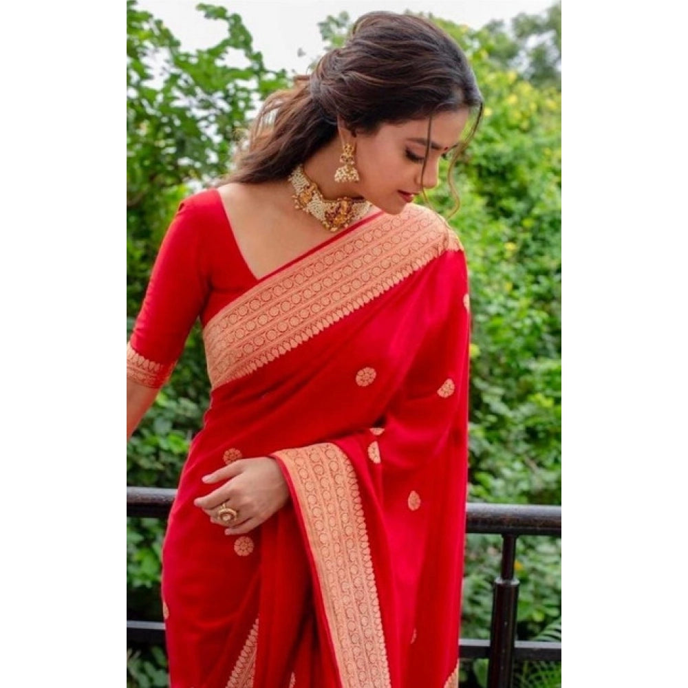 Amfyn Women's Litchi silk Printed Saree With Unstitched Blouse (Red)