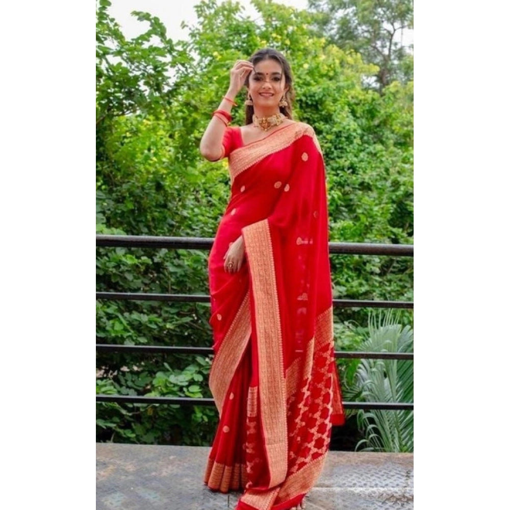Amfyn Women's Litchi silk Printed Saree With Unstitched Blouse (Red)