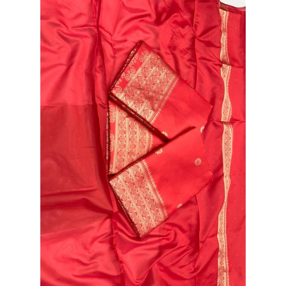 Amfyn Women's Litchi silk Printed Saree With Unstitched Blouse (Red)