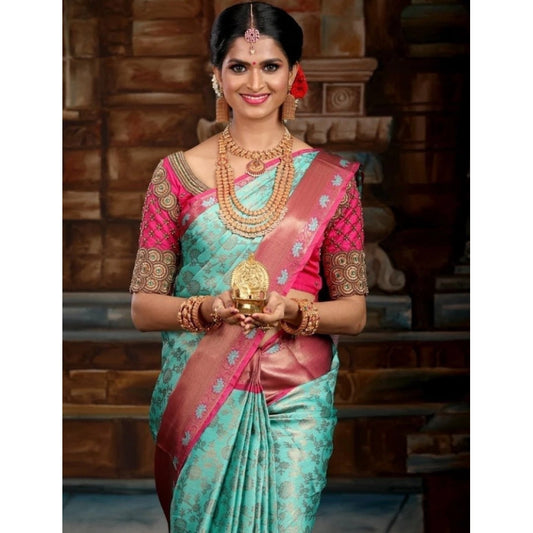 Amfyn Women's Litchi silk Printed Saree With Unstitched Blouse (Turquise Blue)