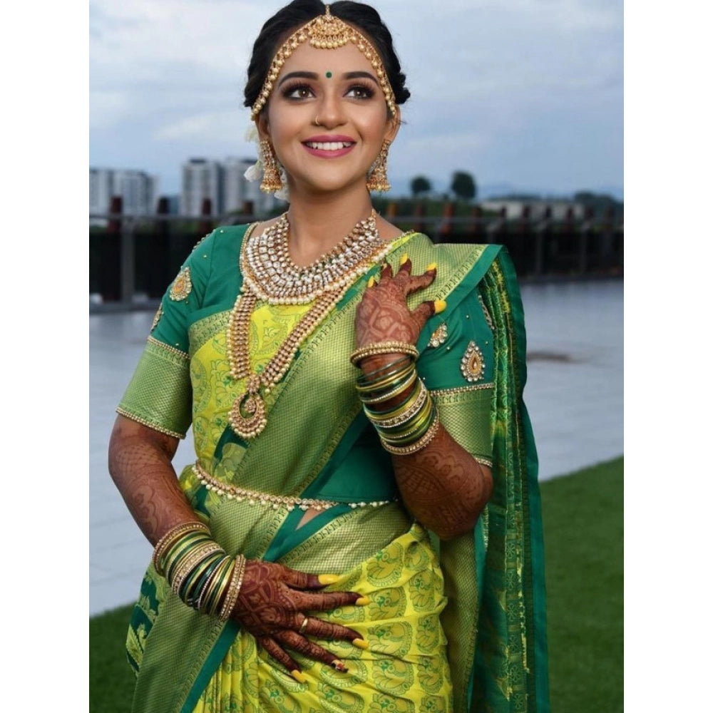 Amfyn Women's Litchi silk Printed Saree With Unstitched Blouse (Light Green)