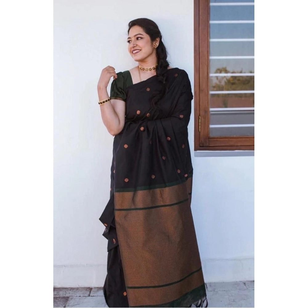 Amfyn Women's Litchi silk Printed Saree With Unstitched Blouse (Black)