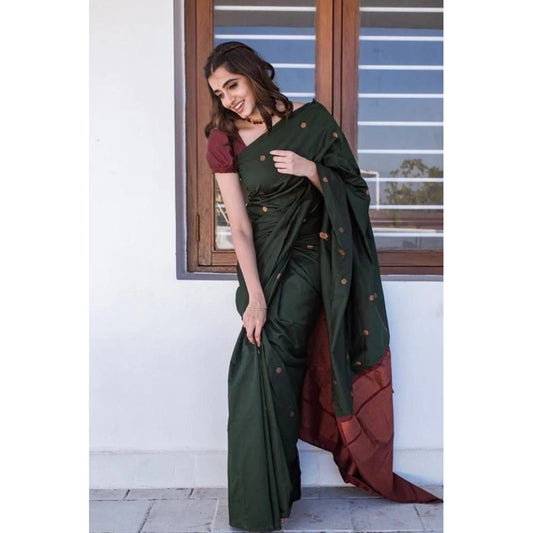 Amfyn Women's Litchi silk Printed Saree With Unstitched Blouse (Dark Green)