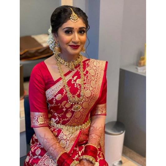 Amfyn Women's Litchi silk Printed Saree With Unstitched Blouse (Red)