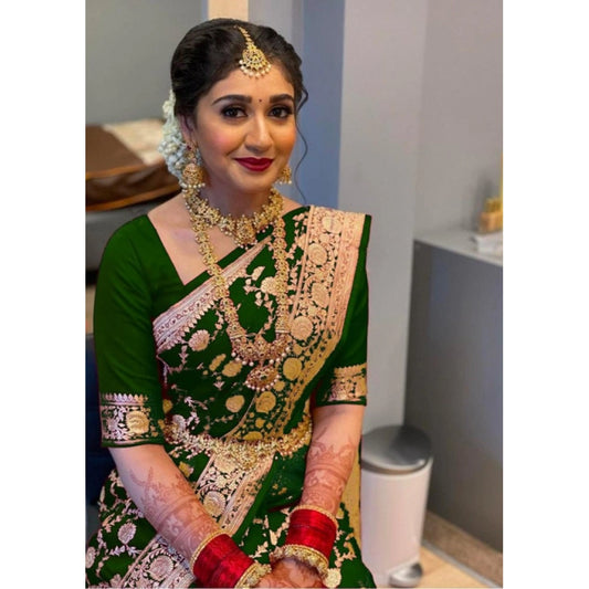 Amfyn Women's Litchi silk Printed Saree With Unstitched Blouse (Green)