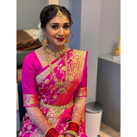 Amfyn Women's Litchi silk Printed Saree With Unstitched Blouse (Pink)