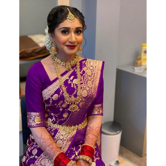 Amfyn Women's Litchi silk Printed Saree With Unstitched Blouse (Purple)