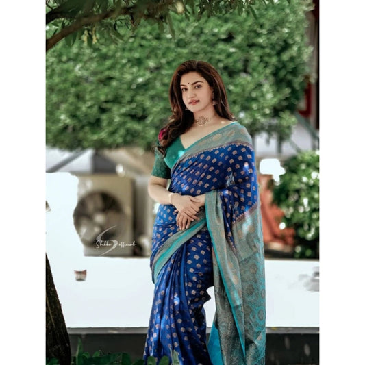 Amfyn Women's Litchi silk Printed Saree With Unstitched Blouse (Navy Blue)