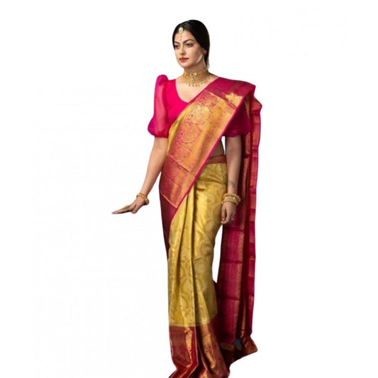 Amfyn Women's Soft Litchi Silk Jacquard Work Saree With Unstitched Blouse 5.5Mtr (Mustard Yellow)