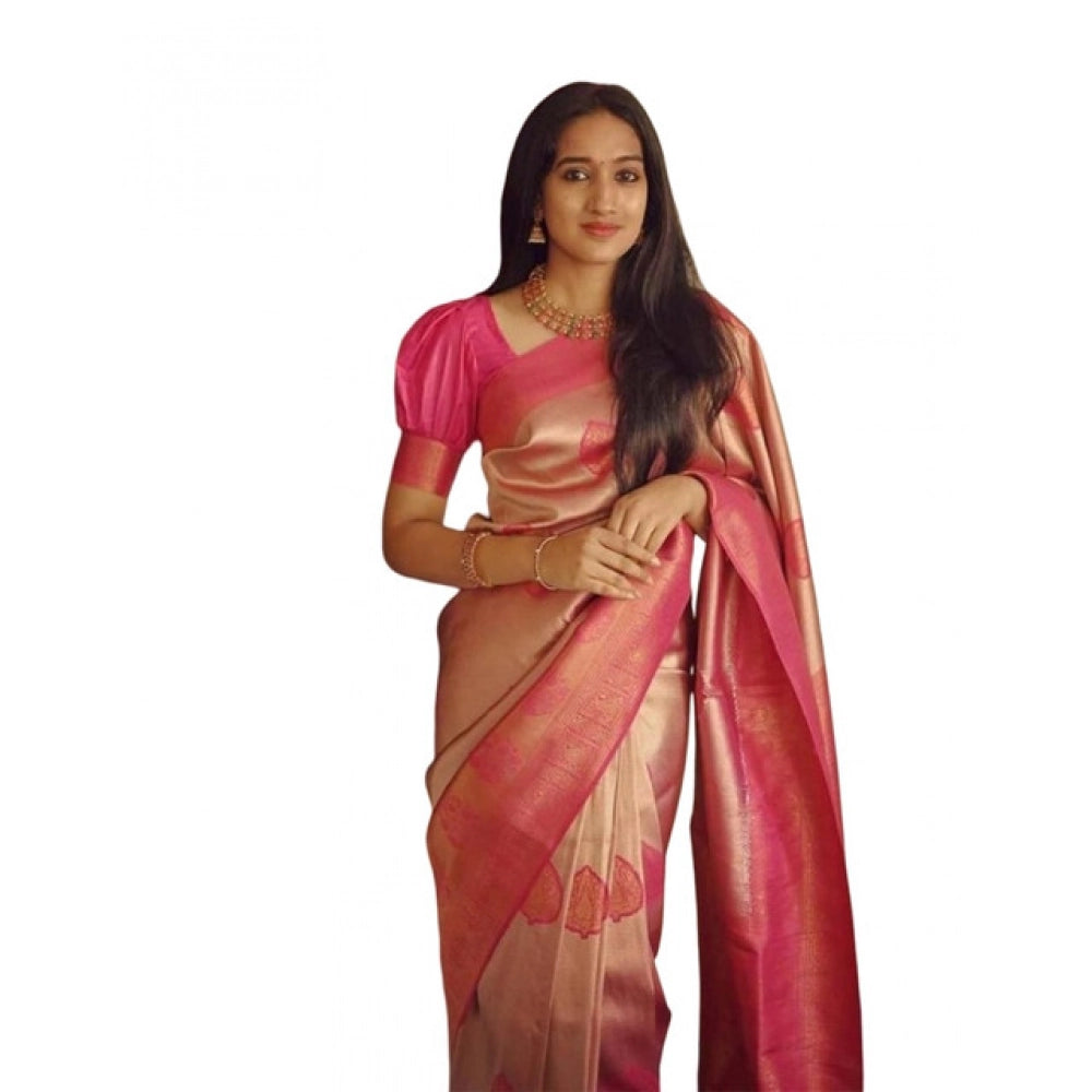 Amfyn Women's Soft Litchi Silk Jacquard Work Saree With Unstitched Blouse 5.5Mtr (Pink)