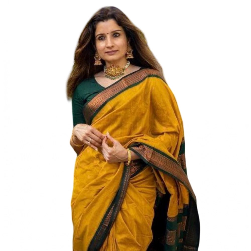 Amfyn Women's Soft Litchi Silk Jacquard Work Saree With Unstitched Blouse 5.5Mtr (Yellow)